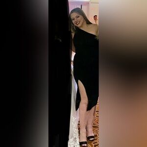 One Shoulder Black Cocktail Dress with Slit Like New